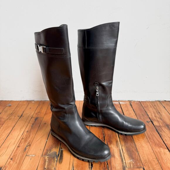 PRADA Sport 'Linea Rossa' Black Leather Knee-High Riding Boots - Picture 1 of 13